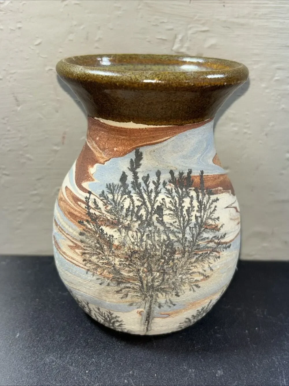 Potters Hand Pottery - Earthenware Vase w/ Painted Trees & Earthtone Background